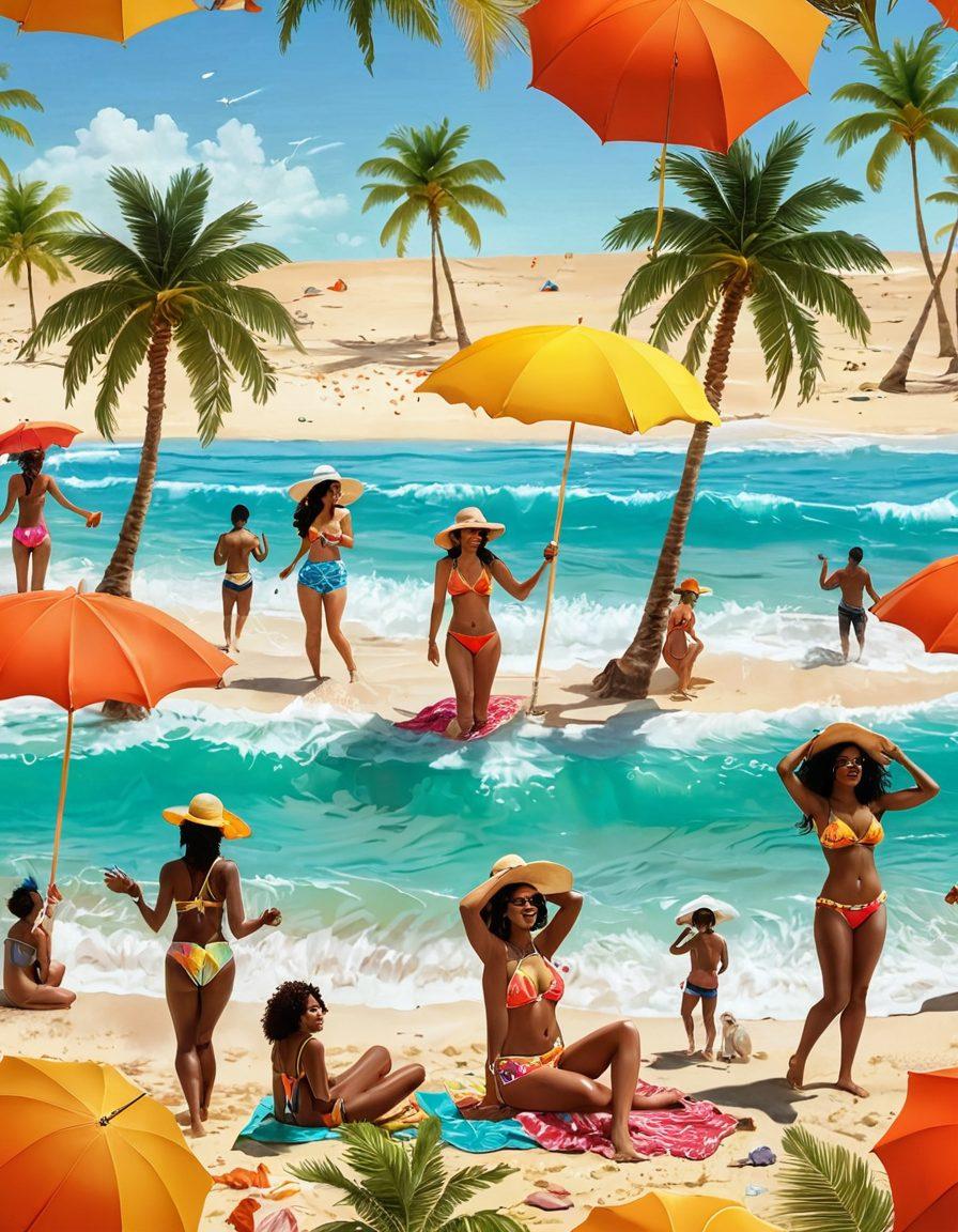 A sun-soaked beach scene featuring diverse individuals of all body types joyfully wearing colorful and stylish beachwear, splashing in the waves and relaxing under bright umbrellas. Palm trees sway in the background, and seashells scatter along the sandy shore. Include a vibrant sunset casting warm hues, with playful beach accessories like hats and towels around. super-realistic. vibrant colors. 3D.