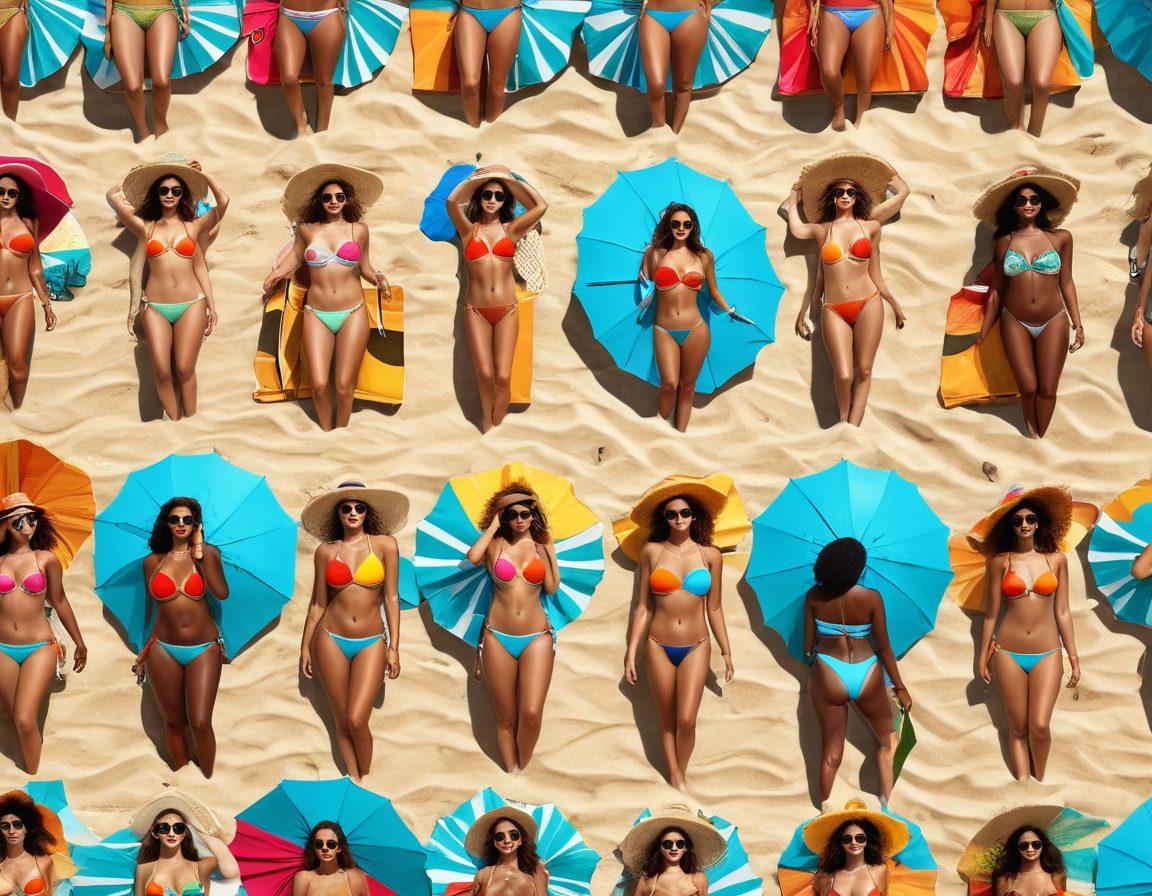 A stylish beach scene featuring diverse individuals showcasing different swimwear styles, including bikinis, one-pieces, and cover-ups. The backdrop features golden sand, turquoise waves, and colorful beach umbrellas. Add elements like sunglasses, beach bags, and flip-flops to enhance the fashion vibe. Bright sunlight and a clear blue sky create a vibrant atmosphere. ultra-realistic. vibrant colors. sunny summer theme.